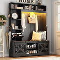 75''H LED Farmhouse Hall Tree with Bench and Shoe,Entryway Bench with Coat Rack,16 Shoe Cubbies & Umbrella Holder and Sock Storage Drawer,Mudroom/Hallway Storages Cabinet(Black)