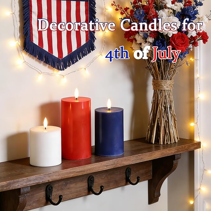 Red White Blue Patriotic Flameless Pillar Candles with Remote, 3 Pack Battery Operated Real Wax LED Candles, Perfect for 4th of July Independence Day Home Decorations Fireplace Table