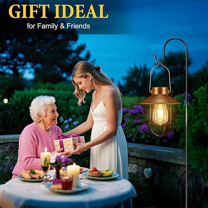 pearlstar 2 Pack Solar Lights Outdoor, Hanging Solar Lanterns with Edison Bulb and 2 x 32 Inch Shepherd Hooks, Waterproof Landscape Lighting for Garden Patio Yard Pathway Driveway Lawn (Copper)
