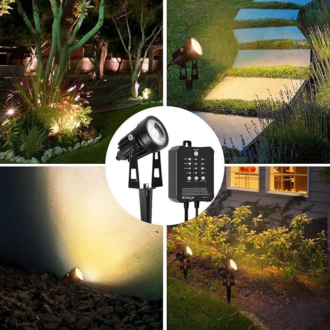 All-in-One Low Voltage Landscape Lighting, Dusk to Dawn Transformer Timer, Waterproof Spotlights, Dimmable LED Outdoor Landscaping Lights Kit for Yard Backyard Tree House 24V (8 pack warm white)