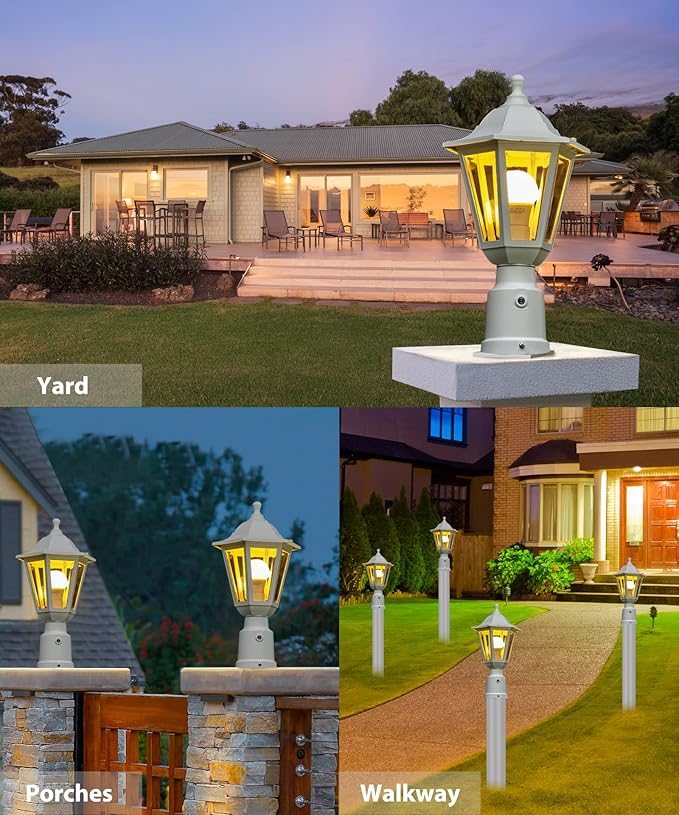 FUDESY Dusk to Dawn Outdoor Post Light, White Modern Exterior Post Lantern with Pier Mount Base, Plastic Waterproof Lamp Light Fixture for Garden Yard Patio Pathway, LED Bulb Included