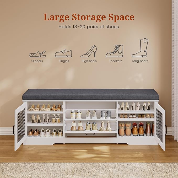 Farmhouse Storage Bench with Flip Drawers & Padded Seat Cushion, Half Hidden Shoe Rack Organizer, Adjustable Shelf Shoe Cabinet for Entryway, Bedroom, Living Room (White, 57IN)