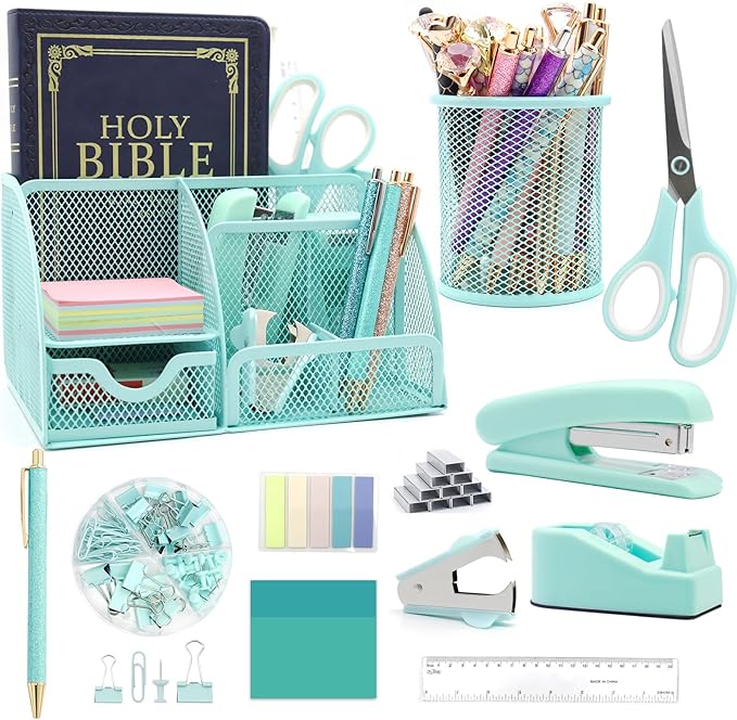 12 in 1 Green Desk Organizers & Accessories Set, Office Supplies Include Stapler, Pen Holder, Tape Holder, Scissors, Ruler, Staple Remover for Home & School