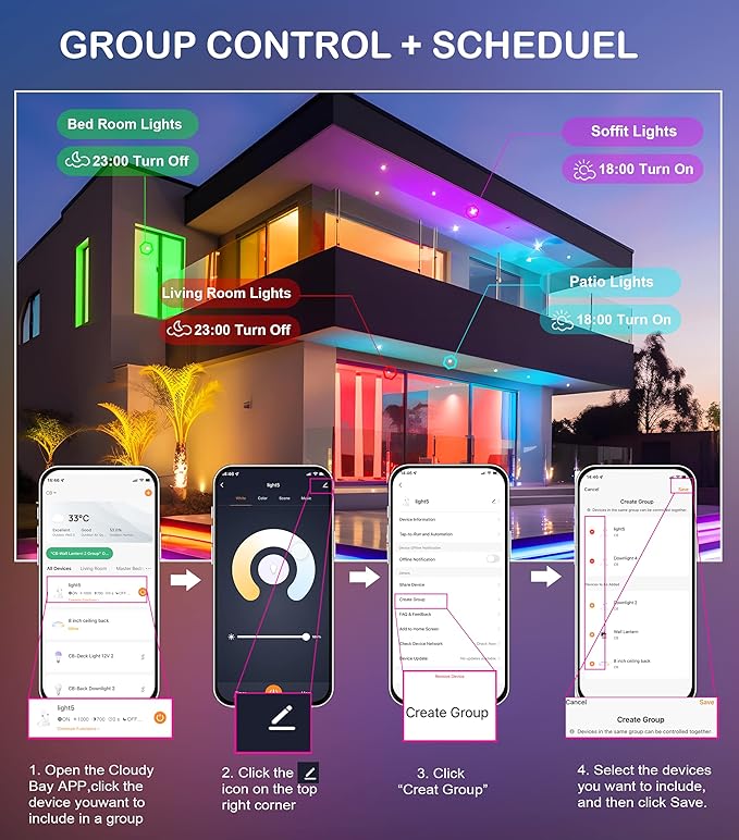 CLOUDY BAY [4 Pack] 4inch Smart WiFi LED Recessed Lights,RGBCW Color Changing Recessed Lighting,Compatible with Alexa and Google Home Assistant,No Hub Required,10W 2700K-6500K,CRI90+ Wet Location