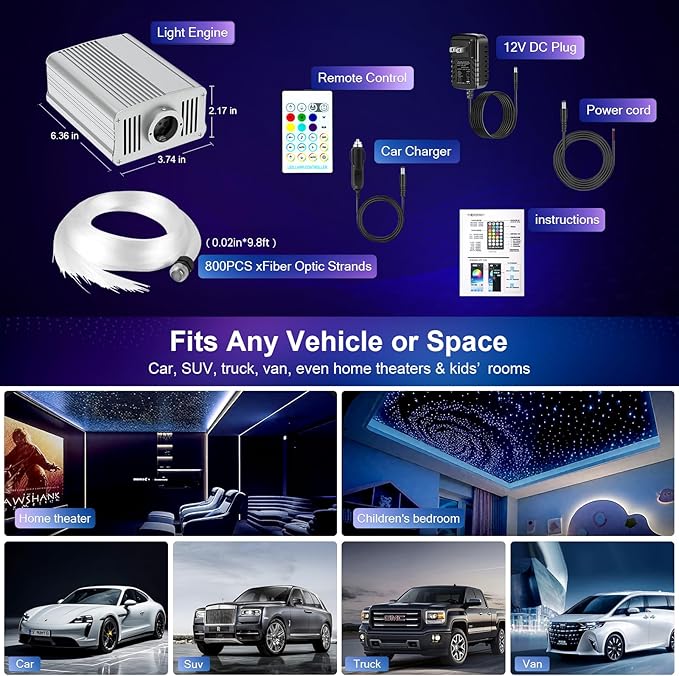 VASTFIRE Starlight Headliner Kit - 800pcs 0.02in 9.8ft Fiber Optic Star Lights for Car with 16W RGBW, Twinkle & Music Sync, APP/Remote Control for Car Roof/Bedroom Ceiling