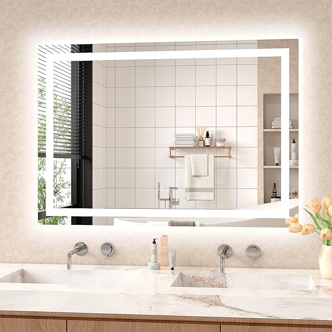 LED Mirror for Bathroom 40x28 Lighted Bathroom Vanity Mirrors with Lights, Brighter Frontlit and Backlit Anti-Fog Mirror, Tempered Glass, Dimmable 3 Colors Light Modes, Memory Function