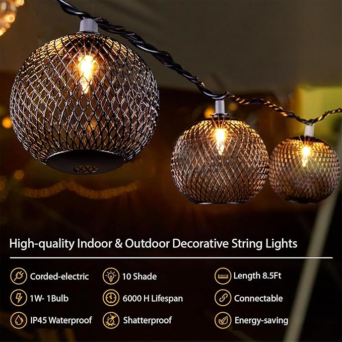 Decorative Lantern String Lights Plug in with 10 Black Metal Ball, Connectable Waterproof Outdoor Decorative String Lights Indoor for Bedroom Patio Pergola Decor