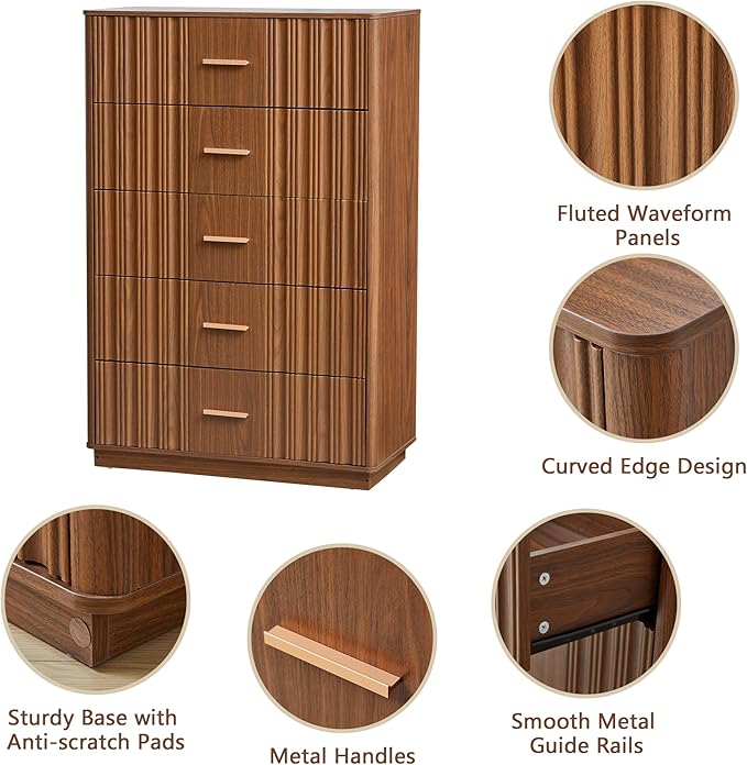 Fluted 5 Drawers Dresser for Bedroom, Wooden Tall Storage Dresser, Modern Chest of Drawers with Metal Handle, Curved Profile Wood Closet Clothes Storage Organizer for Living Room, Hallway, Walnut