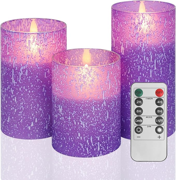 Mingfuxin Purple Flameless Candles with Remote, Set of 3 Indoor Halloween Candles Battery Operated, LED Fake Candles for Bedroom Home Wedding Tabletop Fall Decor