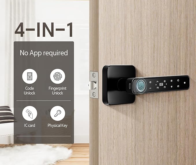 【WiFi-Free】 4-in-1 Smart Fingerprint Door Knob Lock(Fingerprint/Code/IC Card/Key), No App Required, Door Locks for Bedrooms & Offices, Biometric Thumbprint Door Knobs with Code & Keypad, Auto Lock