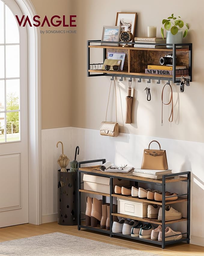 VASAGLE Hall Tree with Shoe Bench, Coat Rack Shoe Bench Set, Entryway Furniture, Multifunctional, 12 Metal Hooks, 4-Tier Shoe Rack, for Entryway, Bedroom, Rustic Brown ULSB108K01