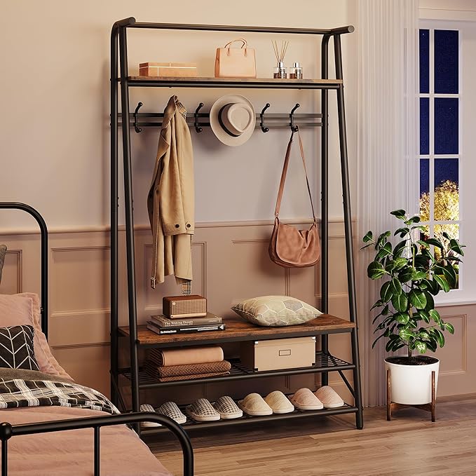 GAOMON Coat Rack, Hall Tree with Shoe Storage Bench, 3-in-1, Multifunctional Hallway Organizer, Shoe Storage with Coat Rack Stand, 5 Hooks, Metal Frame, for Entryway, 35.3 x 39.4 x 72.5