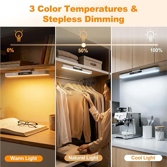 4000mAh 6W Rechargeable Under Cabinet Lighting with Remote, Wireless Magnetic Light Bar, 3-Color Dimmable No-Drill Battery Operated Lamp for RV Camper, Bunk Bed, Kitchen, Closet & Desk