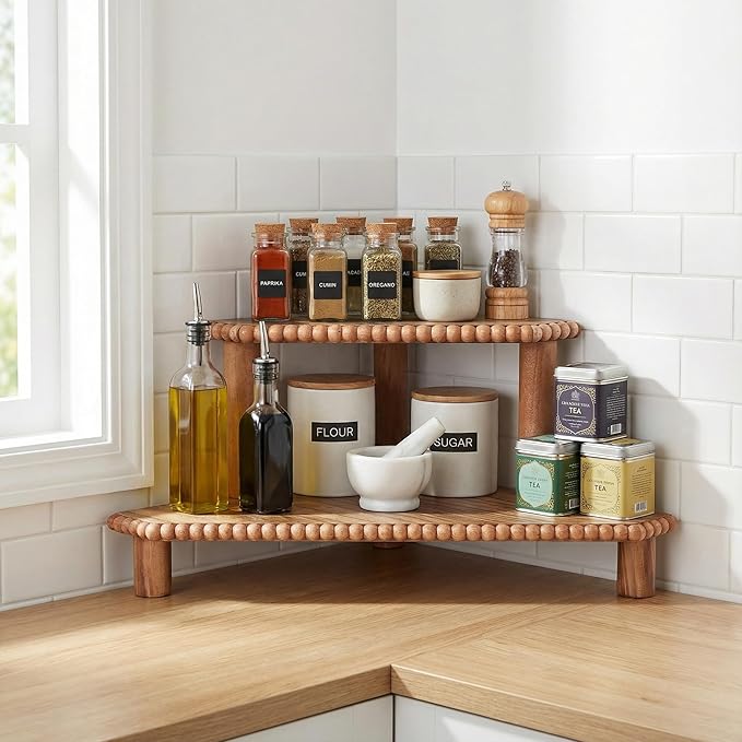 2-Tier Rustic Corner Shelf for Kitchen Counter,Wood Beaded Farmhouse Countertop Organizer with Removable Feet, Stackable Bathroom Vanity & Coffee Bar Decorative Riser Stand(Rustic Brown)