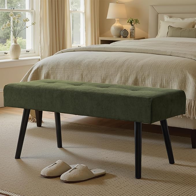 Entryway Bench - Green Bench for Bedroom, Modern Ottoman End of Bed, Corduroy Padded Benches for Living Room, Foyer, Mudroom, Hallway - 39" L x 14" W x 17" H