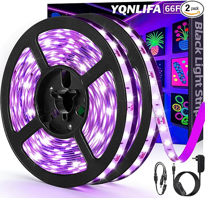66FT Black Light Strip, 1200 Lamp Beads, Flexible LED Blacklight Kit, 12V Blacklight Strips, Non-Waterproof for Indoor BedroomDecoration, Glow Party, Birthday, Wedding, Halloween