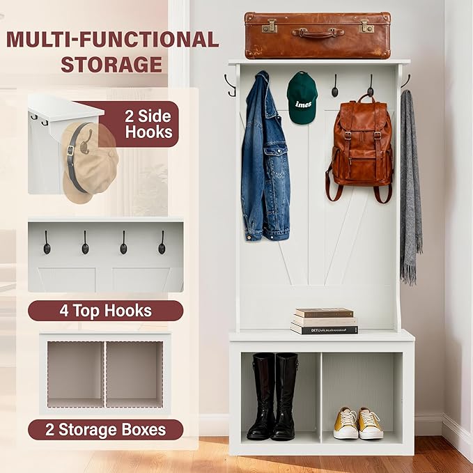 JUMMICO 67" Hall Tree with Bench and Shoe Storage, Farmhouse Entryway Bench with Coat Rack, Mudroom Storage Organizer with 2 Cubbies, 6 Hooks for Entryway, Living Room, White