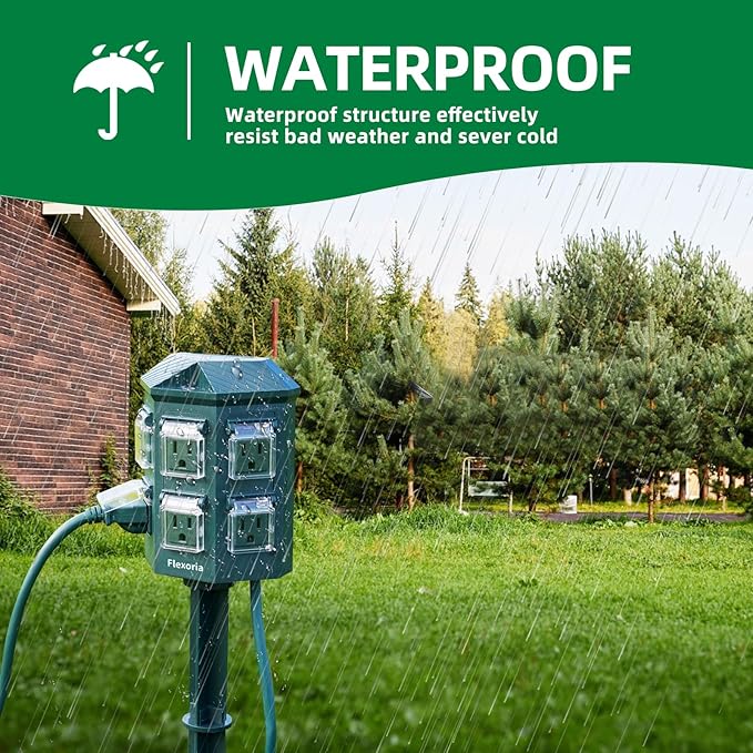Flexora Outdoor Power Strip with 24-Hour Mechanical Timer, 100 FT Extension Cord Waterproof, 6 Grounded Outlets for Graden and Yard Decorations, ETL Listed