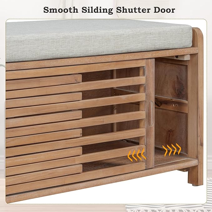 Amposei Modern Classic Storage Bench 43.3-Inch Wooden Entryway Shoe Storage Bench Cabinet with Removable Seat Cushion & Sliding Shutter-Style Doors for Living Room Entrance Hallway, White Washed