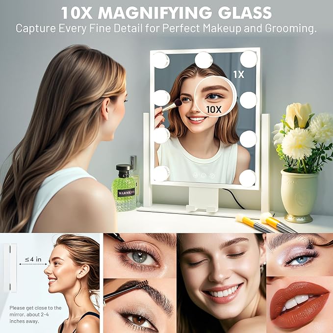 Kottova Makeup Mirror with Lights, 14" x 12" Vanity Mirror, Lighted Makeup Mirror with 3 Color Dimmable Lighting & Touch Sensor, Detachable 10X Spot Mirror, White