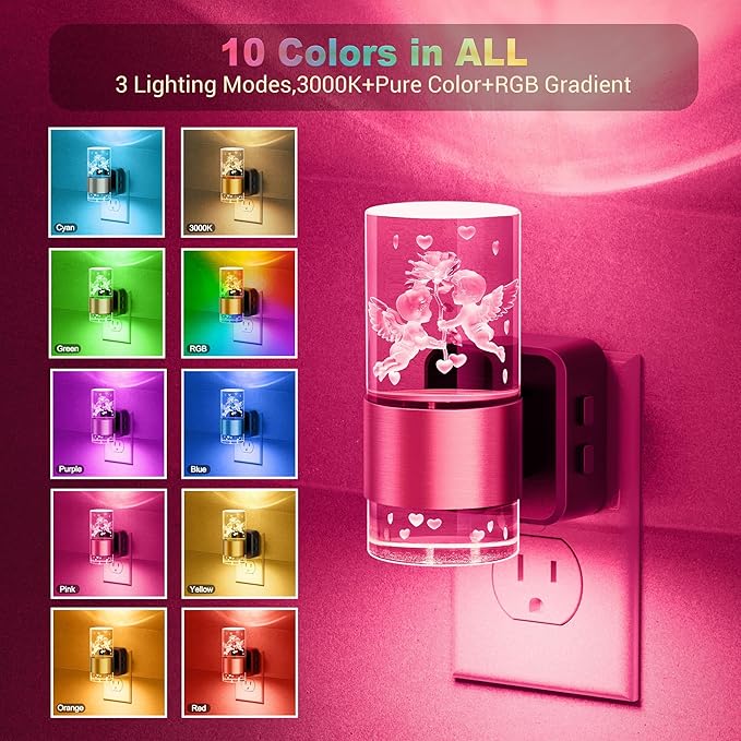 JandCase Night Lights Plug into Wall,Angel Night Light, 2 Pack 3000K+RGB 10-Color LED Nightlight with Dusk to Dawn Sensor, 10/50/100LM Adjustable Brightness for Birthday Home Decor
