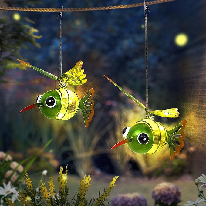 Solar Hanging Hummingbird Lights LED Outdoor Waterproof Powered Garden Decor Light Unique Decorations for Sister Birthday Gardening Gifts for Mom Women Yard Path Backyard Front Porch Balcony