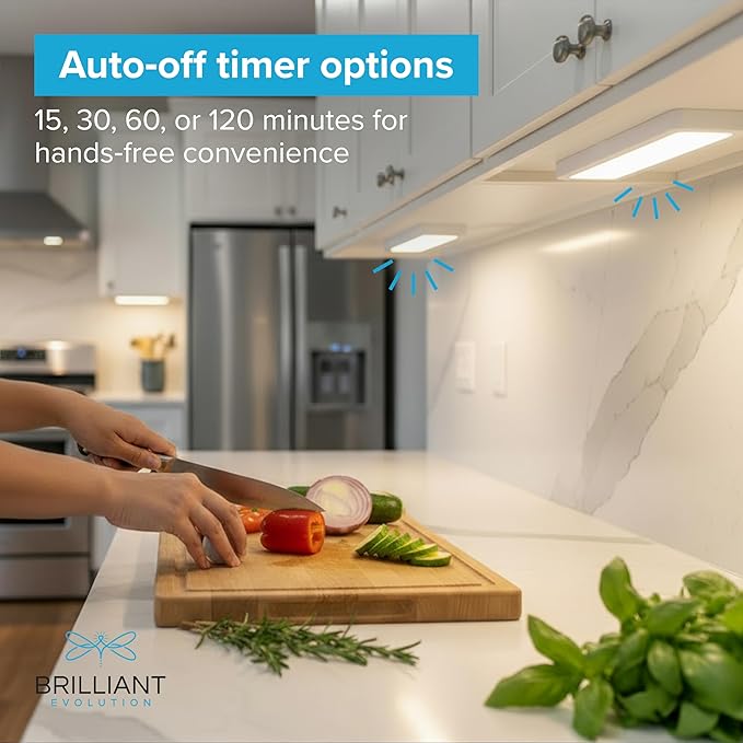 Brilliant Evolution 0.6" Ultra-Thin Wireless Under Cabinet Lights - 4 Pack, 8.5"L Battery-Operated LED Fixtures with 2 Remotes 3000K Warm White Stick-On Lighting, Timer Included for Kitchen & Counter