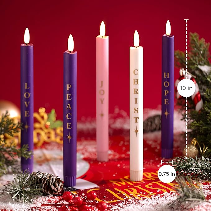 Flameless Advent Candles Battery Operated, Advent Candles Set of 5, 10 Inch Tall, Realistic 3D Flames and Remote Control, Electric LED Candle Set for Advent Wreath