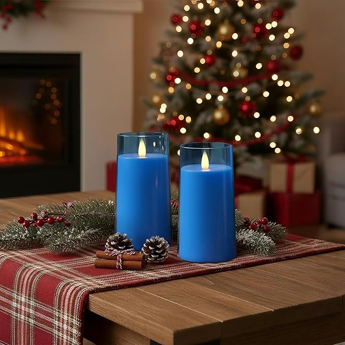 Raycare Flameless Electronic Pillar Candles with Remote Control and Timer- Battery Operated Realistic Flickering LED Fake Candle for Home, Wedding, Valentine's Day Decor,Blue,Set of 2(3"x6"6")