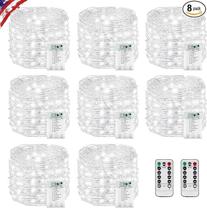 8 Pack Total 160FT 480LED Fairy Lights Battery Operated with Rmote, Waterproof Twinkle Lights with Timer Indoor Outdoor, Cuttable String Light for Bedroom, Classroom, Christmas Decor, Cool White