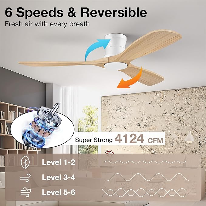 Smart 52” Wood Flush Mount Ceiling Fans with Lights and Remote,Quiet DC Motor,Outdoor Indoor Ultra Low Profile Ceiling Fan works with Alexa WIFI APP,Modern White Ceiling Fan for Bedroom Patio