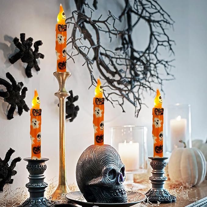 Halloween Candlesticks Flameless Taper Candle, 4pcs Printed LED Tapered Candles Remote Dipped Candle 6inch Battery Chandelier for Enchanting Weddings and Harry Potter Inspired Vigils(Hall)