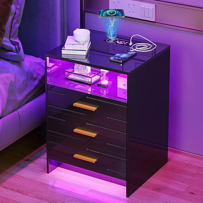 HNEBC Black Nightstand with Wireless Charging Station and Lights, 3 Drawers, Modern Bedside Table with Human Sensor for Bedroom