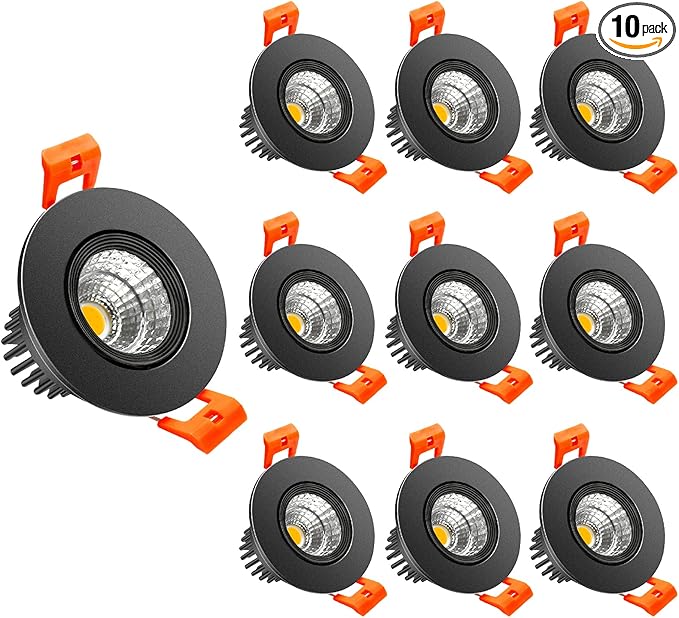 LightingWill 2inch LED Dimmable Downlight, 3W COB Recessed Ceiling Light, Warm White 3000K-3500K, CRI80, 25W Halogen Bulbs Equivalent, Black (10Pack)