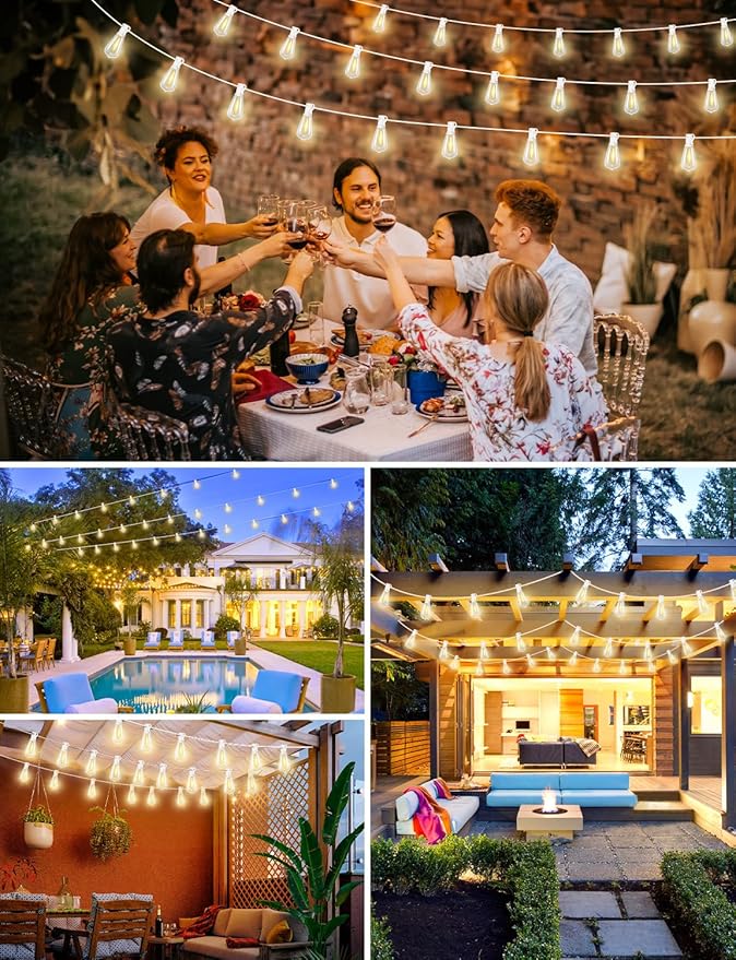 Brightever Outdoor String Lights with Remote, 200FT LED Patio Lights with 62 ST38 LED Filament Bulbs, 3 Lighting Modes, 3H/5H Timer, Waterproof IP65 String Light for Outside, E12 Socket Base, White