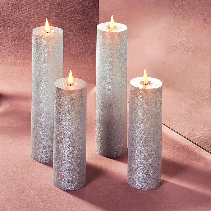 LampLust Flickering Flameless Candles, Set of 4 Silver Pillar Candles, Battery Operated, Romantic Candles, Great for Proposal Decorations, Wedding Centerpieces, Enchanted Forest Decorations