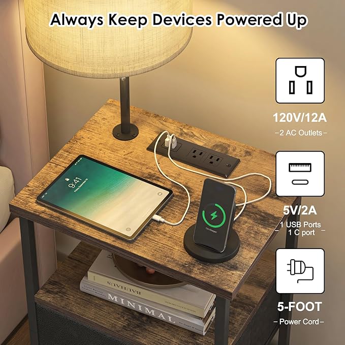 Fixwal Nightstand with Lights Bedside Table with 3 Color Temperatures Bulb, Night Stand with Charging Station End Table with Adjustable Fabric Drawer for Bedroom Dorm