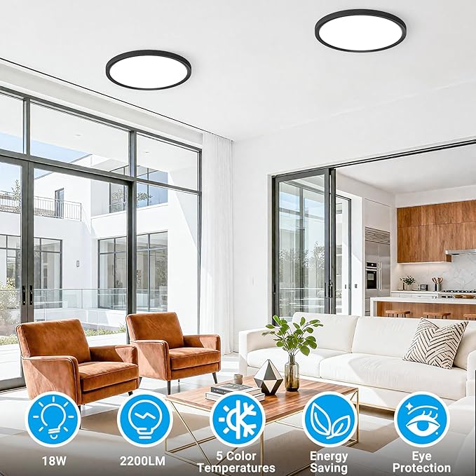 2 Pack LED Flush Mount Ceiling Light,9Inch 18W,3000K/3500K/4000K/5000K/6500K 5 Color Temperatures Ceiling Light Fixture for Kitchen Porch Hallway Bedroom Bathroom and Closet,Black