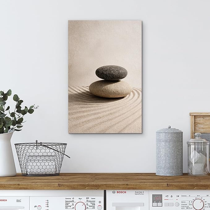 wall26 Canvas Print Wall Art Balanced Zen Stones on Raked Sand Minimal Neutral Photography Realism Rustic Colorful Multicolor for Living Room, Bedroom, Bathroom - 12"x18"