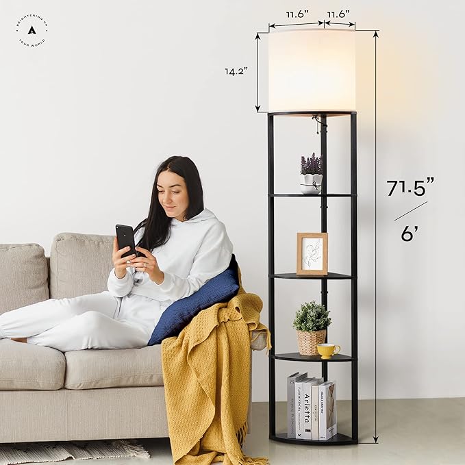 ATAMIN Corner Floor Lamp with Shelves – Tall Corner Lamp with Pull Chain Switch – Modern Floor Lamp for Living Room, Bedroom, or Office Alvis Edge