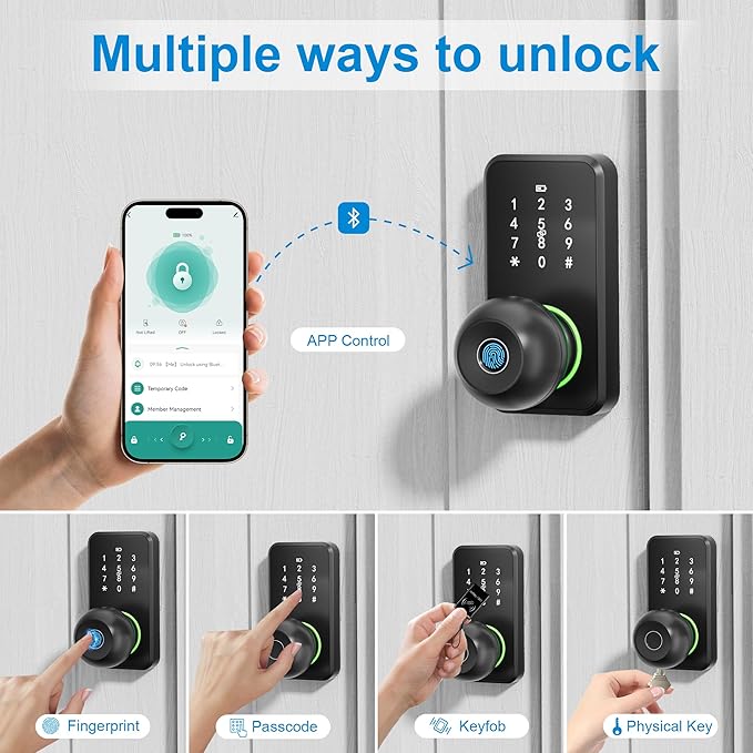 Smart Door Lock with Knob, LinkThai Keyless Entry Fingerprint Lock with Touchscreen Keypad, Electronic Knob Digital Lock for Front Door, Easy Installation