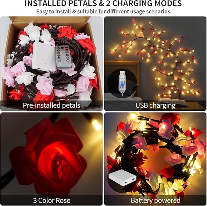 Rose Blossom Enchanted Willow Vine Lights, 7.55FT 144LED 3 Color Rose Blossom Tree Branch Lights for Wall, Remote Timer,8 Light Model,Bedroom Wall Doors Wedding, Christmas, USB Battery Box