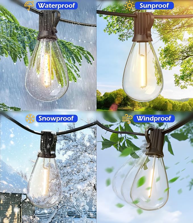 Luckystyle 200FT LED Outdoor String Lights With 60+2 Edison Shatterproof Waterproof Bulbs, 2700K Commercial Grade Patio Lights, Heavy Duty Outside Hanging for Garden Porch Deck Decor