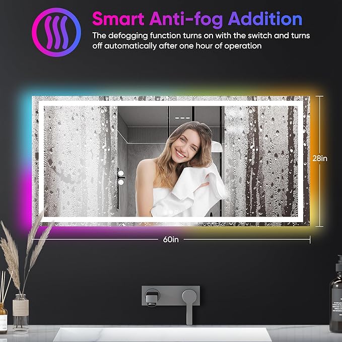 Antok 28"x 60" LED Bathroom Mirror with Lights, Anti-Fog, Dimmable, Lighted Vanity Mirror with Tempered Glass, Memory Function, 11 Light Modes, Safe Use, Horizontal, Vertical, Wall Mount