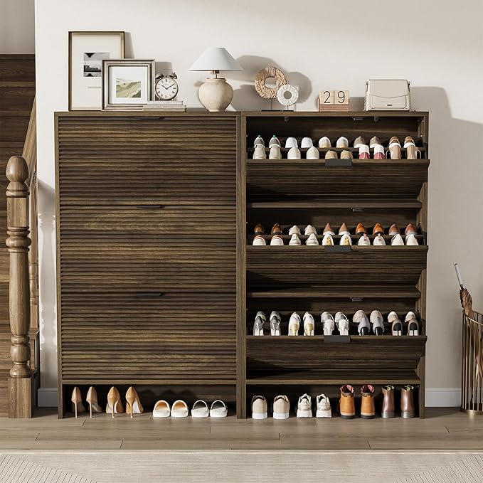 Garvee Shoe Storage Cabinet for Entryway, Fluted Shoe Cabinet with 3 Flip Drawers Doors, 32" Wide Hidden Shoe Rack Tall Freestanding Shoe Organizer for Entrance, Hallway, Living Room, Walnut