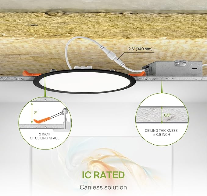 ASD 4 Pack 11/12 Inch LED Recessed Lighting 24W, 5 CCT 2700K-5000K CRI90+, IC Rated Ultra Thin Dimmable Ceiling Lights with J Box, Canless Wafer Downlight, Round Slim Panel Light, UL Listed, Black