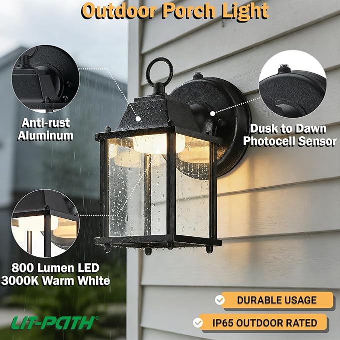 LIT-PaTH Dusk to Dawn Outdoor Wall Lantern, LED Wall Sconce, 3000K Warm White, 9.5W, 800 Lumen, Aluminum Housing Plus Glass, Outdoor Rated, 2-Pack, Black