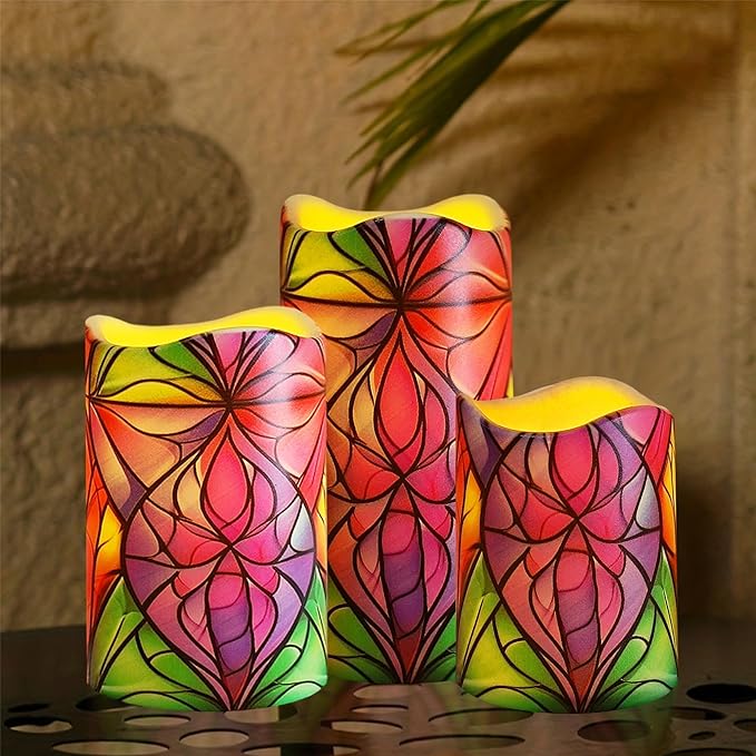 Remote Flameless Candles-Set of 3 Stained Glass LED Pillar Candles Battery Operated Candle with Timer, 4" 5" 6" for Home Window Shelf Decor
