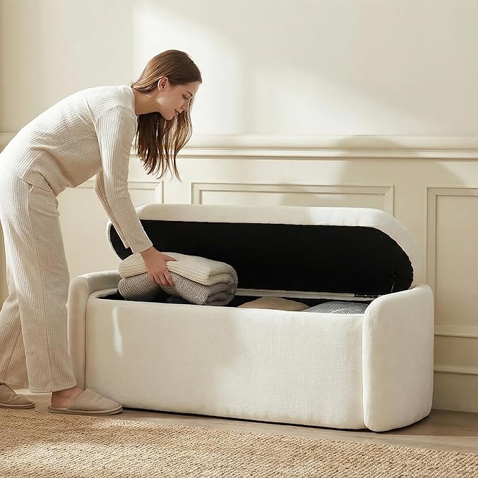 VKNOW 46" Oval Storage Ottoman Bench, Upholstered End of Bed Bench Ottomans Bench Foot Rest, Sherpa Storage Bench for Bedroom, Living Room and Hallway, Beige
