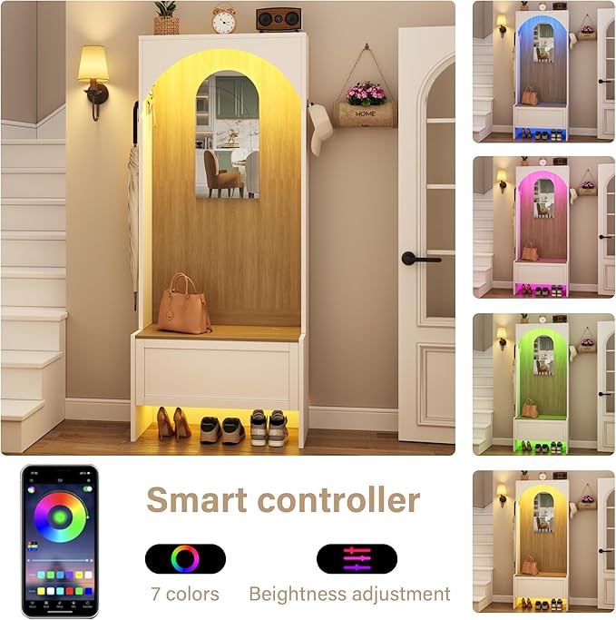 71.65" Hall Tree with Bench and Shoe Storage, 7-in-1 Entryway Storage Bench with 4 Coat Rack & 6 Shoe Cubbies & Mirror & Sensor Light, Shoe Rack Organizer for Entryway, White and Brown